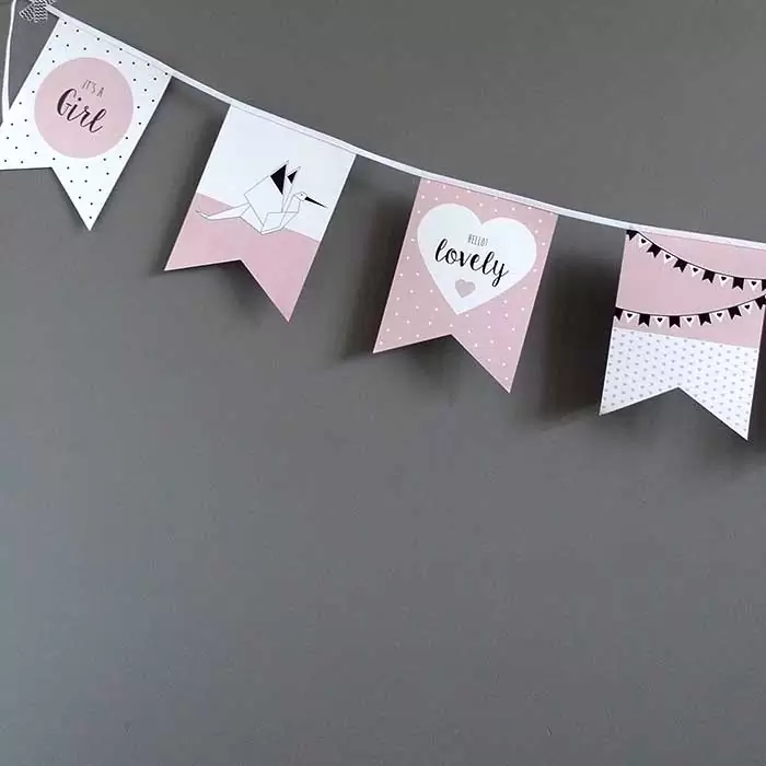 vlaggenlijn meisje geboorte babykamer roze geboorte aankondiging hiphuisje