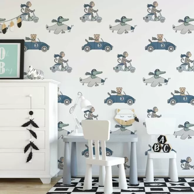 behang dieren onderweg voertuigen jongenskamer kinderbehang blauw hiphuisje