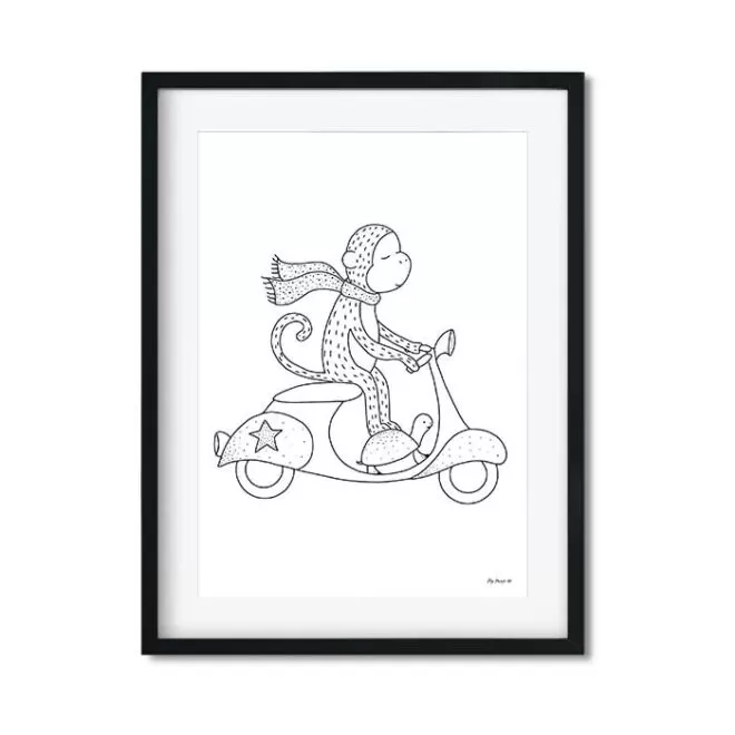 poster aap scooter zwartwit kinderkamer hiphuisje