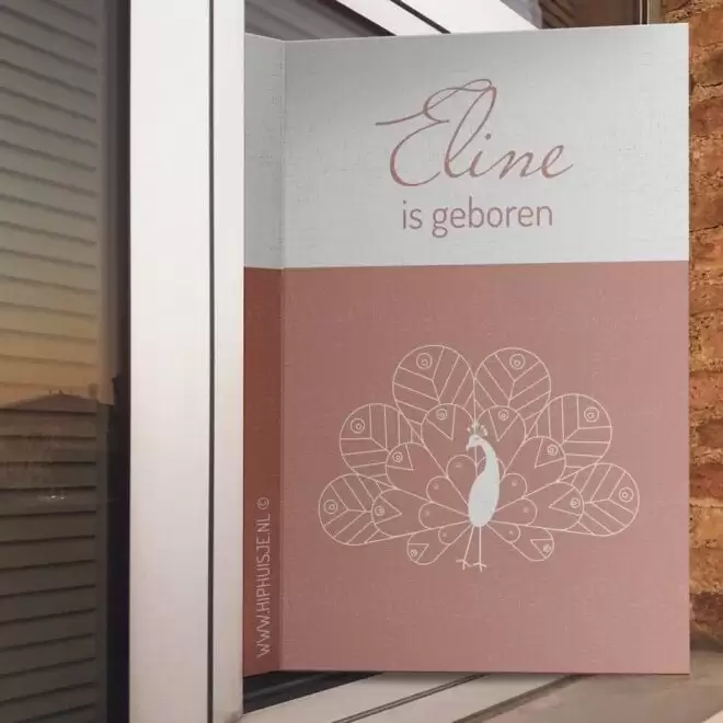 Geboortebord pauw oudroze meisje geboren hiphuisje