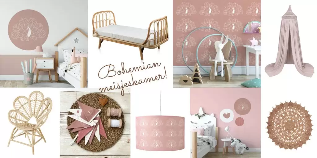 moodboard kinderkamer boho pauw