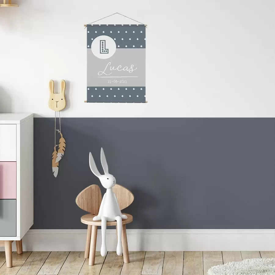 naamposter met letter blauw grijs geboorteposter hiphuisje