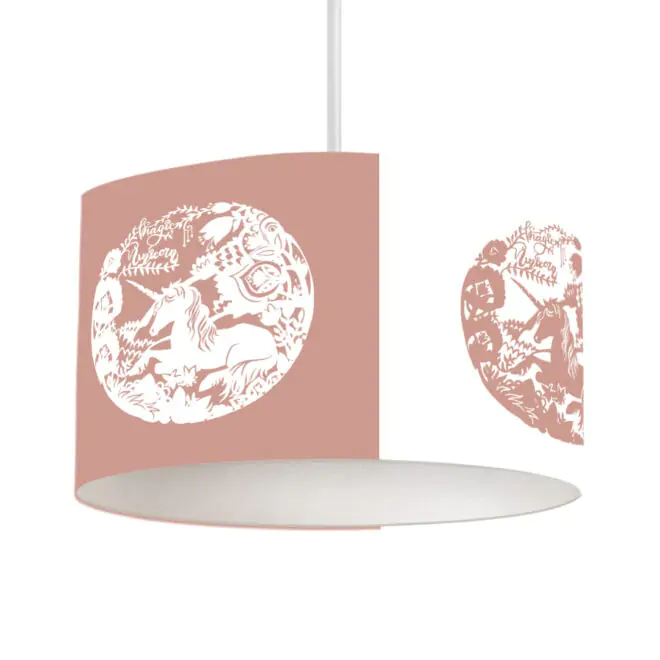 oudroze hanglamp met eenhoorn print - hip huisje