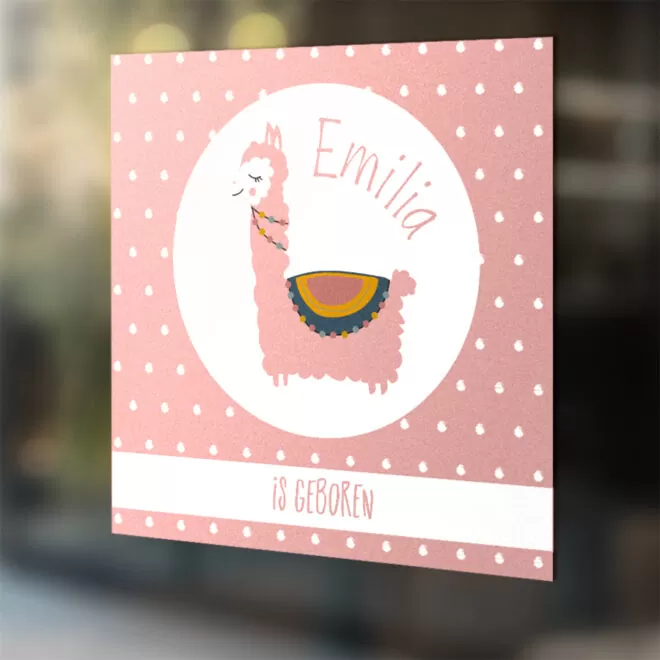 GEBOORTESTICKER RAAM met LAMA print ROZE HIPHUISJE