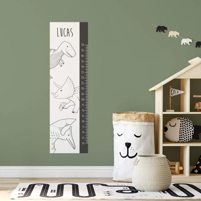 Muursticker groeimeter in zwart wit met dino's - hip huisje