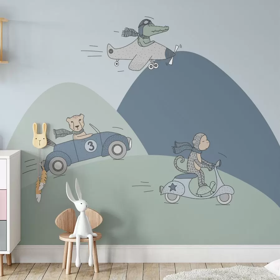 XL behang dieren onderweg in groen en blauw - hiphuisje