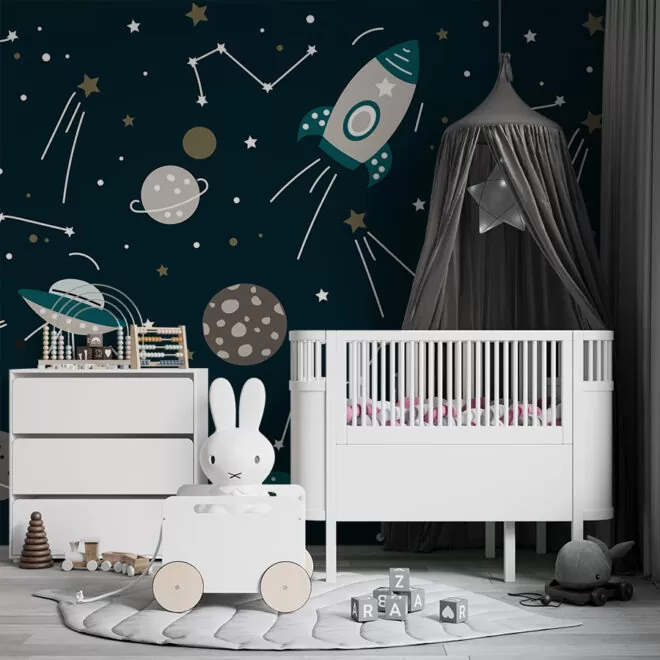 heelal behang ruimtevaart babykamer hiphuisje