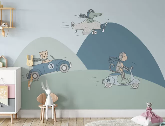 babykamer blauw jongetje dieren onderweg hiphuisje