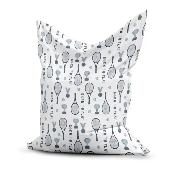 zitzak met tennis print in wit met blauw voor de kinderkamer. Voor tennis fans.