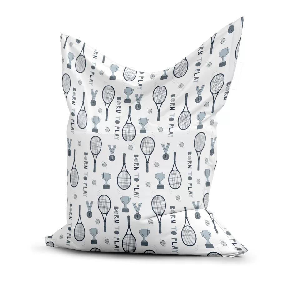 zitzak met tennis print in wit met blauw voor de kinderkamer. Voor tennis fans.