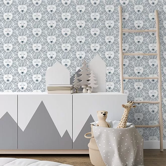 patroon behang met leeuwen in blauw voor de kinderkamer hiphuisje